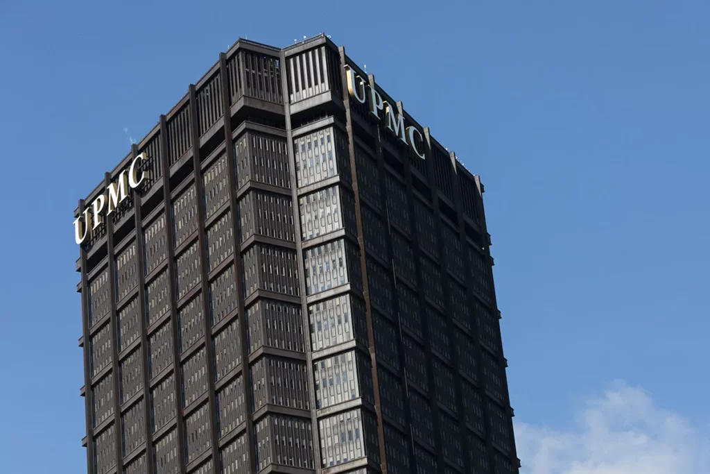 A University of Pittsburgh Medical Center logo is seen on the US Steel Tower in Pittsburgh, Pennsylvania, in 2019.