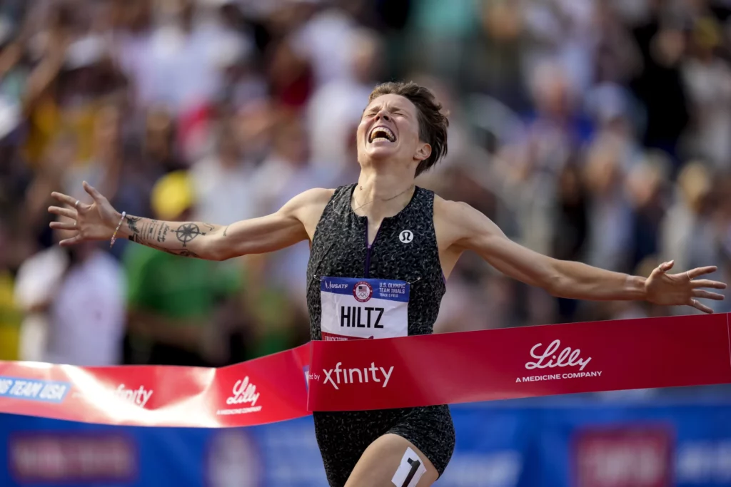 Nikki Hiltz wins the women's 1500-meter final during the U.S. Track and Field Olympic Team Trials, Sunday, June 30, 2024, in Eugene, Oregon. (AP Photo/Charlie Neibergall)
